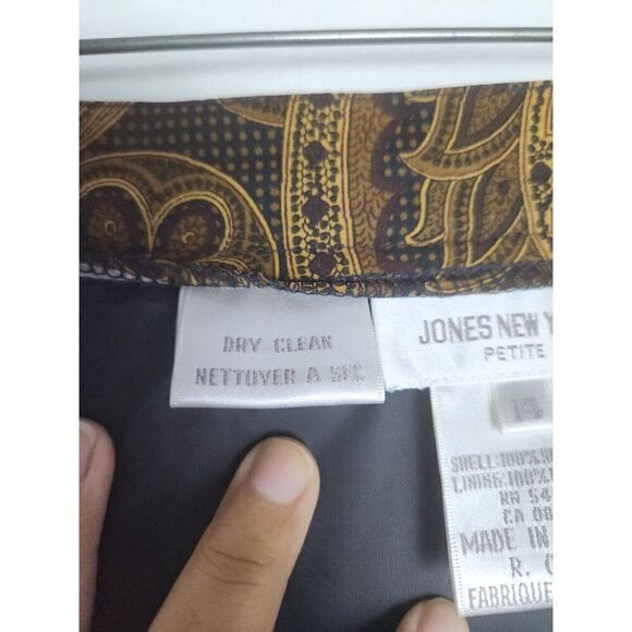 Jones New York Brown & Gold Pasley Print Faux Wrap Midi 100% Silk Skirt size 14P - Picture 8 of 8